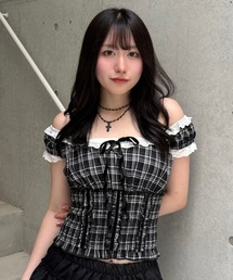 Lae（レイ）の「チェックフリルリボンブラウス（Tシャツ/カットソー）」
