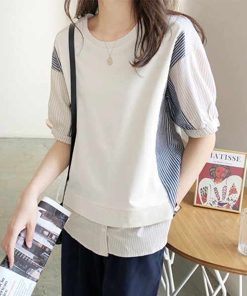 ReRe（リリ）の「異素材MIXレイヤード風Tシャツ（Tシャツ/カットソー・レディース・ブラック/ホワイト・FREE）」の14枚目の写真