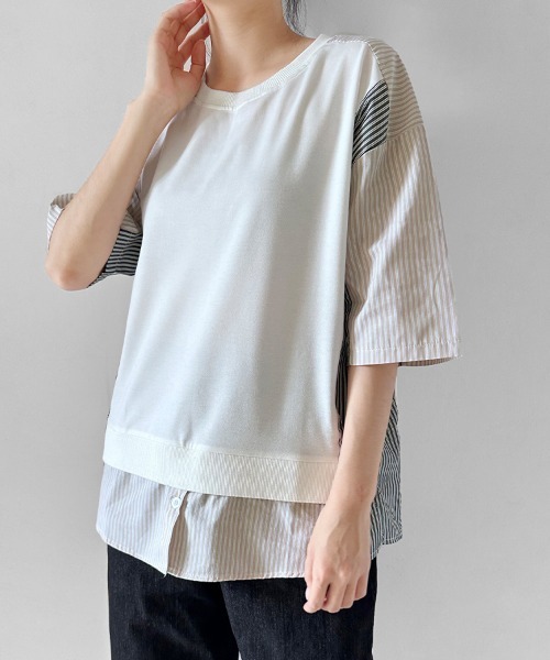 ReRe（リリ）の「異素材MIXレイヤード風Tシャツ（Tシャツ/カットソー・レディース・ブラック/ホワイト・FREE）」の15枚目の写真