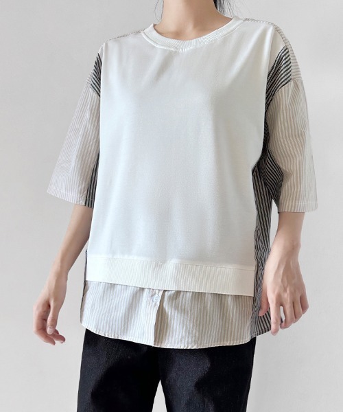 ReRe（リリ）の「異素材MIXレイヤード風Tシャツ（Tシャツ/カットソー・レディース・ブラック/ホワイト・FREE）」の16枚目の写真