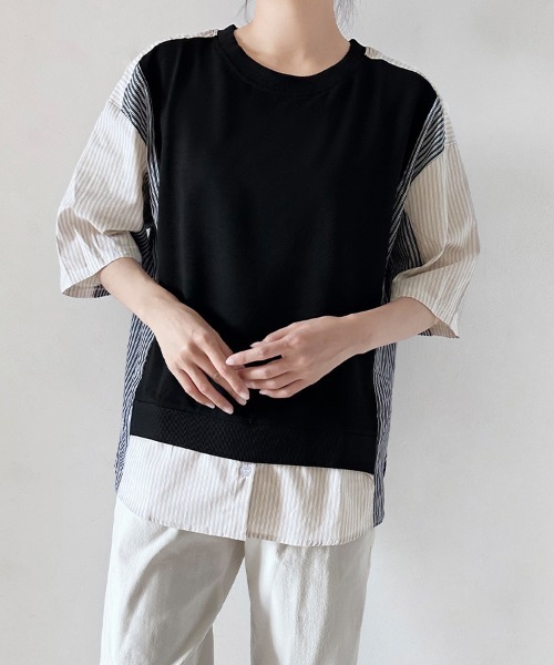 ReRe（リリ）の「異素材MIXレイヤード風Tシャツ（Tシャツ/カットソー・レディース・ブラック/ホワイト・FREE）」の8枚目の写真