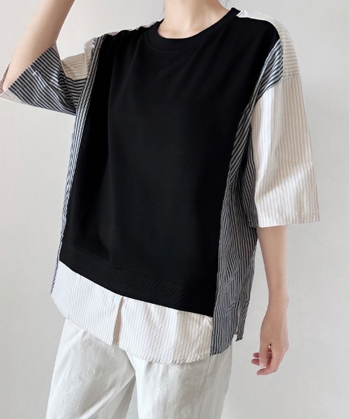 ReRe（リリ）の「異素材MIXレイヤード風Tシャツ（Tシャツ/カットソー・レディース・ブラック/ホワイト・FREE）」の9枚目の写真