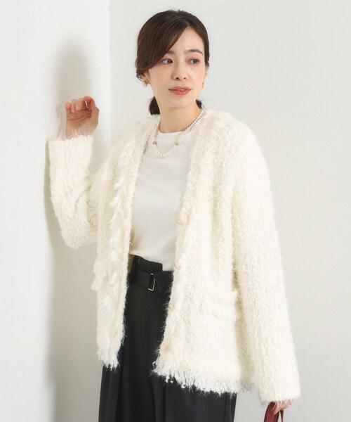 ITS'DEMO（イッツデモ）の「ファンシーヤーンニットジャケット（ノーカラージャケット・レディース・オフホワイト/ブラック・00）」の2枚目の写真