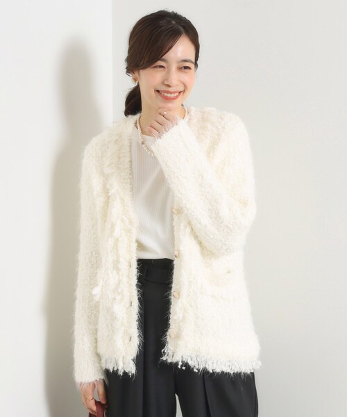 ITS'DEMO（イッツデモ）の「ファンシーヤーンニットジャケット（ノーカラージャケット・レディース・オフホワイト/ブラック・00）」の3枚目の写真