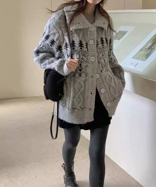 セール】25aw/ノルディック柄ハイネックニットカーディガン