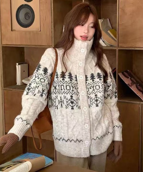 セール】25aw/ノルディック柄ハイネックニットカーディガン