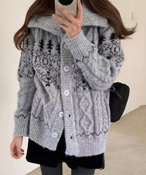 セール】25aw/ノルディック柄ハイネックニットカーディガン