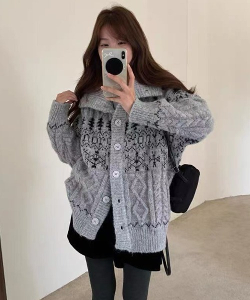 セール】25aw/ノルディック柄ハイネックニットカーディガン