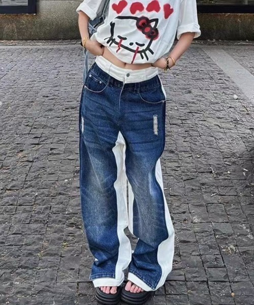 セール】バイカラーデニムワイドパンツ（カーゴパンツ）｜FreeZone