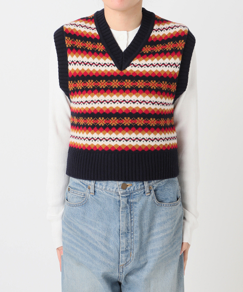 INSCRIRE /アンスクリア】Fairisle Tight Fit V Neck Vest：ベスト
