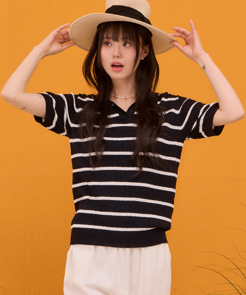 CHASECULT(チェイスカルト)の「レディースストライプオープンカラー半袖スウェット-ネイビー(ニット/セーター・レディース・ネイビー・85/90)」の3枚目の写真