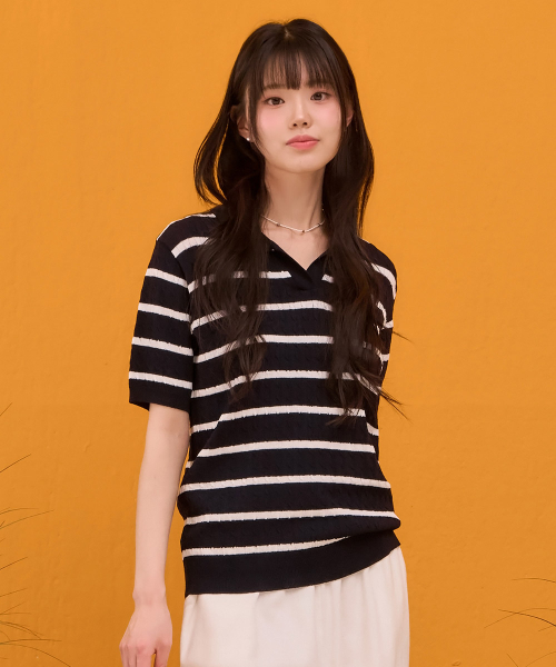 CHASECULT(チェイスカルト)の「レディースストライプオープンカラー半袖スウェット-ネイビー(ニット/セーター・レディース・ネイビー・85/90)」の4枚目の写真