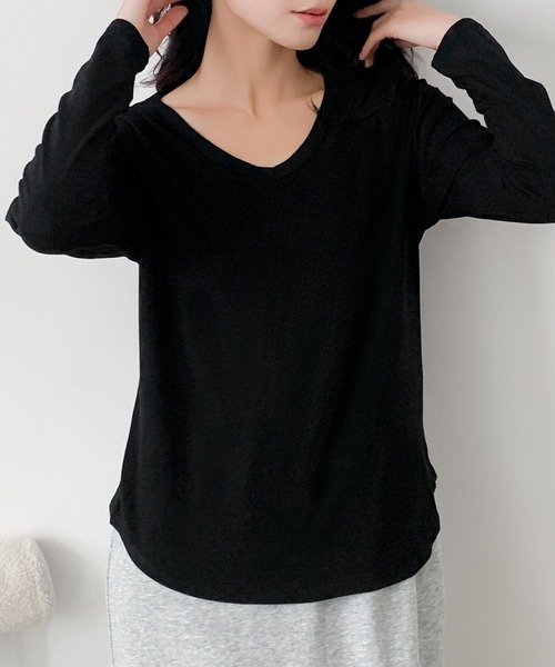LOWO(ロワ)の「Vネック カットソー 長袖 レディース きれいめ 無地(Tシャツ/カットソー・レディース・ホワイト/ブラック・FREE)」の8枚目の写真