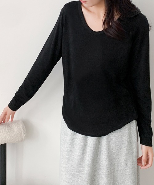 LOWO(ロワ)の「Vネック カットソー 長袖 レディース きれいめ 無地(Tシャツ/カットソー・レディース・ホワイト/ブラック・FREE)」の10枚目の写真