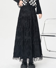 ウェーブ プリーツ レース ティアード ロング スカート