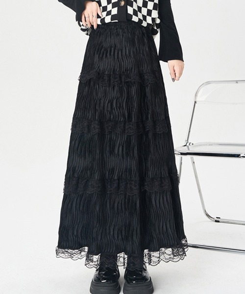 Lace Ladies(レースレディース)の「ウェーブ プリーツ レース ティアード ロング スカート(スカート・レディース・ブラック/アイボリー/ブラウン・FREE)」の1枚目の写真