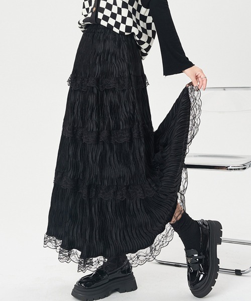 Lace Ladies(レースレディース)の「ウェーブ プリーツ レース ティアード ロング スカート(スカート・レディース・ブラック/アイボリー/ブラウン・FREE)」の4枚目の写真