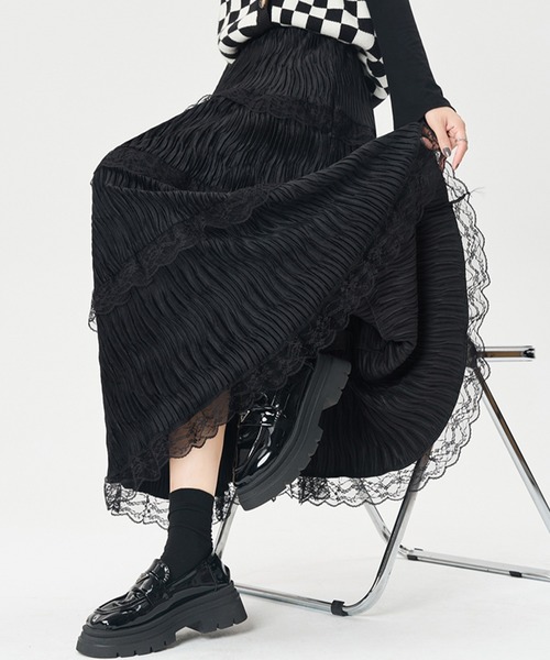 Lace Ladies(レースレディース)の「ウェーブ プリーツ レース ティアード ロング スカート(スカート・レディース・ブラック/アイボリー/ブラウン・FREE)」の5枚目の写真
