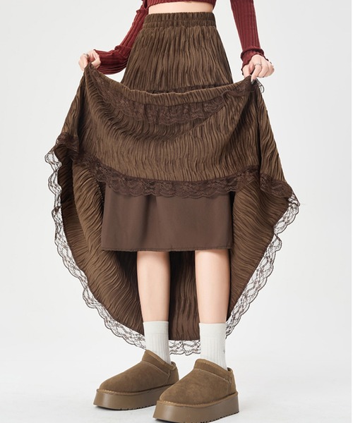 Lace Ladies(レースレディース)の「ウェーブ プリーツ レース ティアード ロング スカート(スカート・レディース・ブラック/アイボリー/ブラウン・FREE)」の12枚目の写真