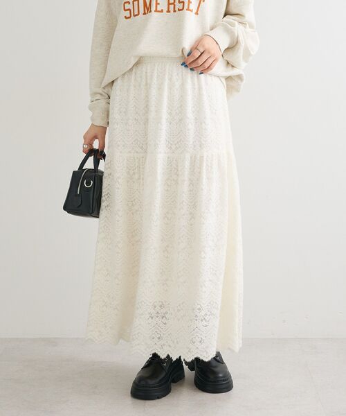 Green Parks(グリーンパークス)の「起毛レースティアードスカート(スカート・レディース・ブラック/グレイッシュベージュ/オフホワイト・FREE)」の1枚目の写真