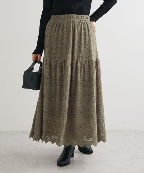 Green Parks(グリーンパークス)の「起毛レースティアードスカート(スカート・レディース・ブラック/グレイッシュベージュ/オフホワイト・FREE)」の3枚目の写真