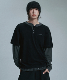 MOO（エムオーオー）の「チェックレイヤードヘンリーネックロングスリーブ - ブラック（Tシャツ/カットソー）」