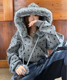 gossip！ロサンゼルス | Y2K ビッグファーフード×ドット柄ショートパーカー/裏起毛 /【冬新作】(パーカー)