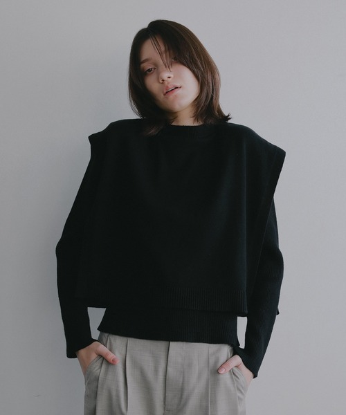 MANOF(マノフ)の「RIB FLAP KNIT TOPS(ニット/セーター・レディース・アイボリー/ブラック・F)」の2枚目の写真
