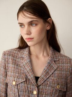 セール】マルチツイード ラウンドカラージャケット（ノーカラー