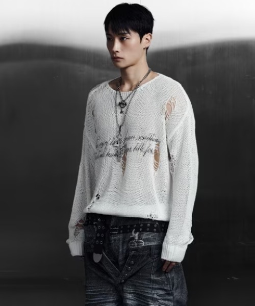 ROSEN KREUZ(ローゼンクロイツ)の「【Rosen Kreuz】LOOSE MESH KNIT / 【ローゼンクロイツ】ルーズダメージメッシュニット(ニット/セーター・メンズ・ホワイト/ブラック・01/02)」の7枚目の写真