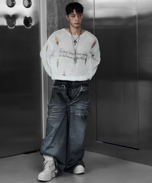 ROSEN KREUZ(ローゼンクロイツ)の「【Rosen Kreuz】LOOSE MESH KNIT / 【ローゼンクロイツ】ルーズダメージメッシュニット(ニット/セーター・メンズ・ホワイト/ブラック・01/02)」の8枚目の写真