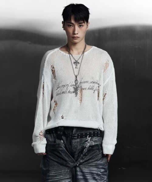 ROSEN KREUZ(ローゼンクロイツ)の「【Rosen Kreuz】LOOSE MESH KNIT / 【ローゼンクロイツ】ルーズダメージメッシュニット(ニット/セーター・メンズ・ホワイト/ブラック・01/02)」の4枚目の写真