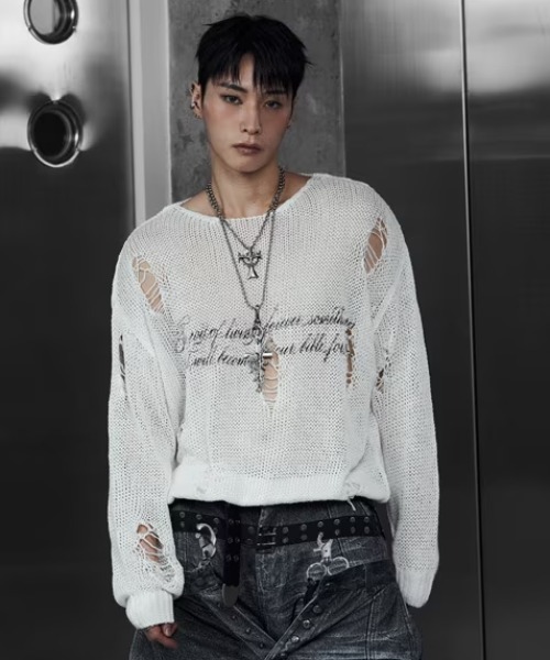 ROSEN KREUZ(ローゼンクロイツ)の「【Rosen Kreuz】LOOSE MESH KNIT / 【ローゼンクロイツ】ルーズダメージメッシュニット(ニット/セーター・メンズ・ホワイト/ブラック・01/02)」の3枚目の写真