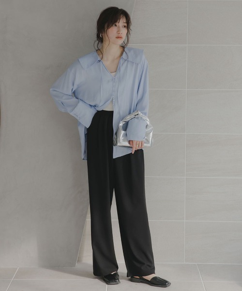 slattgir(スラットジール)の「高身長 カットジョーゼットタックワイドパンツ(トールサイズ)Essenave(その他パンツ・レディース・アイボリー/ブラック・TM/T5L/T4L/T3L/TLL/TL)」の3枚目の写真
