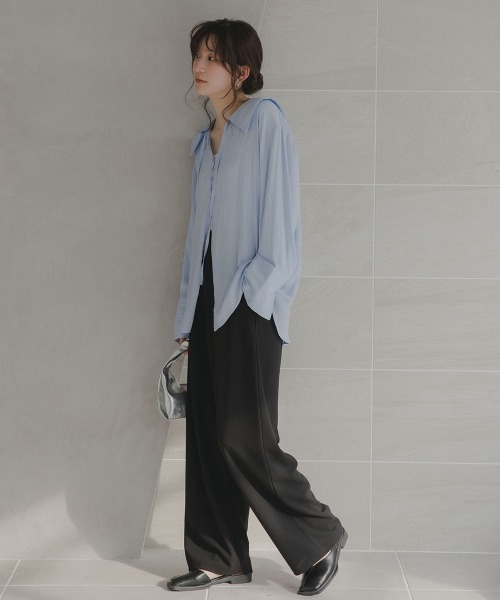slattgir(スラットジール)の「高身長 カットジョーゼットタックワイドパンツ(トールサイズ)Essenave(その他パンツ・レディース・アイボリー/ブラック・TM/T5L/T4L/T3L/TLL/TL)」の4枚目の写真