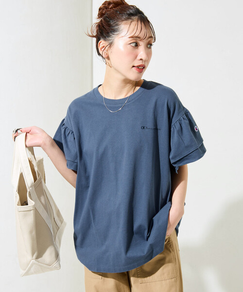 FREAK'S STORE(フリークスストア)の「限定展開 Champion × FREAK'S STORE/チャンピオン 別注 フリル袖 トップス(Tシャツ/カットソー・レディース・グリーン/ライトグレー/ブラック/ブルー/オフホワイト・フリ-)」の5枚目の写真