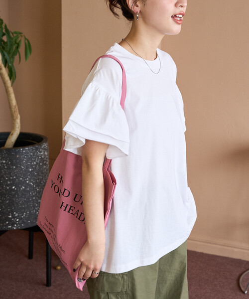 FREAK'S STORE(フリークスストア)の「限定展開 Champion × FREAK'S STORE/チャンピオン 別注 フリル袖 トップス(Tシャツ/カットソー・レディース・グリーン/ライトグレー/ブラック/ブルー/オフホワイト・フリ-)」の9枚目の写真