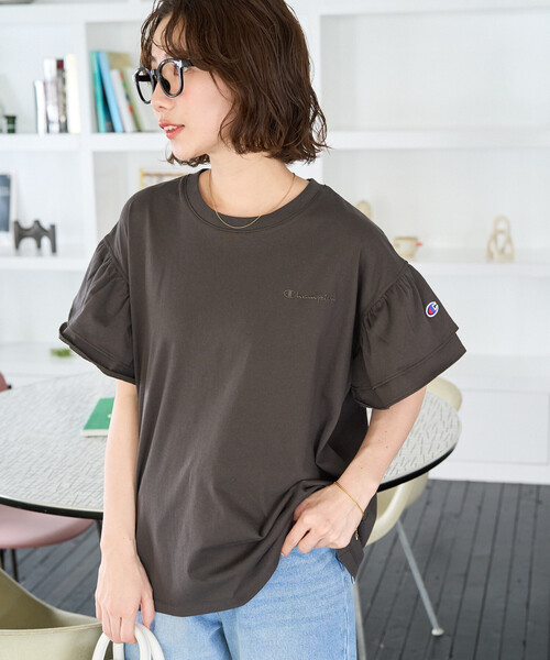 新品 Champion 別注 フリル袖トップス フリークスストア 半袖 ブラック 限定展開 Champion × FREAK'S STORE/チャンピオン 別注 フリル袖