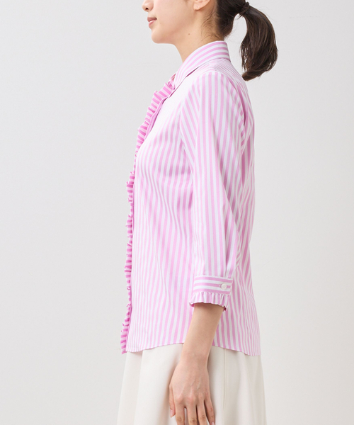 NARACAMICIE(ナラカミーチェ)の「【NARACAMICIE】ストレッチストライプフリル七分袖ブラウス(シャツ/ブラウス・レディース・ブルー/ピンク・M/XL/L)」の6枚目の写真