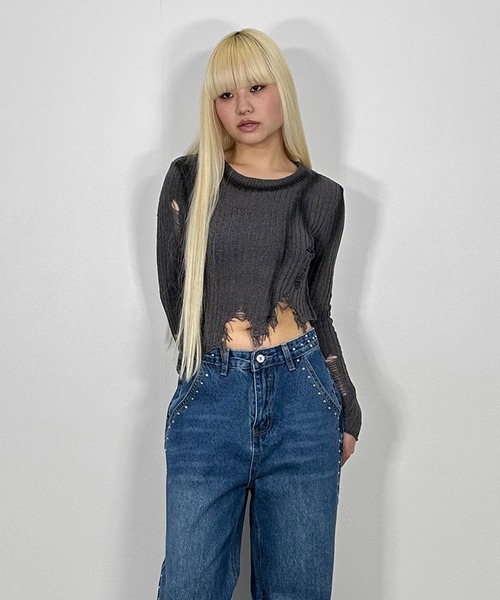 セール】アシメダメージニット/【春服・サマーニット】長袖 クロップド