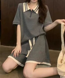配色フロントジップ半袖トップス×ショートパンツ 2点セット