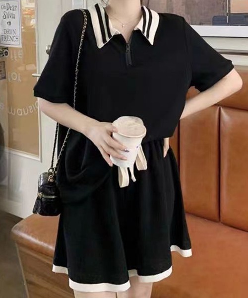 GLAMOROUS JANE(グラマラスジェーン)の「配色フロントジップ半袖トップス×ショートパンツ 2点セット(セットアップ・レディース・ブラック/グレー・M/L)」の2枚目の写真