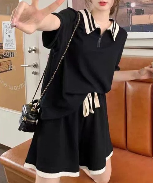 GLAMOROUS JANE(グラマラスジェーン)の「配色フロントジップ半袖トップス×ショートパンツ 2点セット(セットアップ・レディース・ブラック/グレー・M/L)」の3枚目の写真
