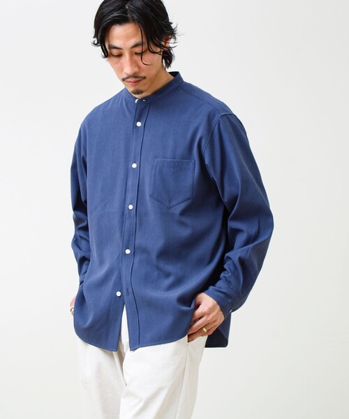 GLOSTER(グロスター)の「【きれい見えラク素材】crunchyバンドカラーシャツ(シャツ/ブラウス・メンズ・ブラック/ネイビー/サックスブルー・L/M)」の2枚目の写真