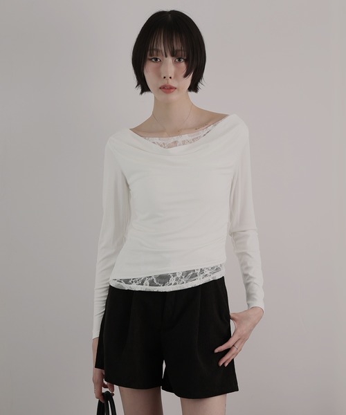 Ulysses(ユリシス)の「レースレイヤードボートネックカットソー(Tシャツ/カットソー・レディース・ブラック/ホワイト・F)」の7枚目の写真