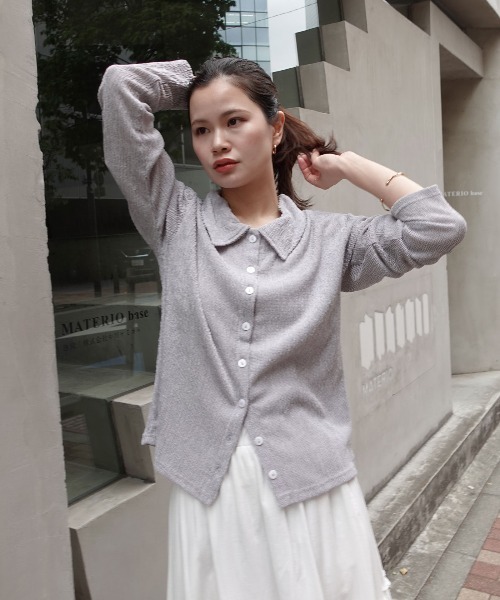 CORNERS（コーナーズ）の「メランジ楊柳ポロネックカーディガン【セットアップ可能】（カーディガン/ボレロ・レディース・アイボリー/ブラウン/ライトグレー・M）」の2枚目の写真