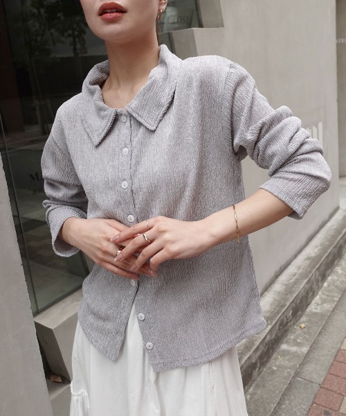 CORNERS（コーナーズ）の「メランジ楊柳ポロネックカーディガン【セットアップ可能】（カーディガン/ボレロ・レディース・アイボリー/ブラウン/ライトグレー・M）」の6枚目の写真