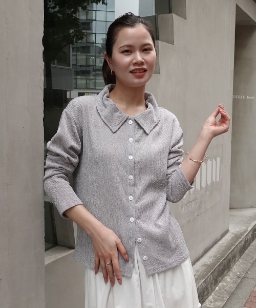 CORNERS（コーナーズ）の「メランジ楊柳ポロネックカーディガン【セットアップ可能】（カーディガン/ボレロ・レディース・アイボリー/ブラウン/ライトグレー・M）」の8枚目の写真