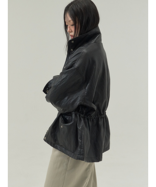 Sorry,Too Much Love(ソーリートゥーマッチラブ)の「Drawstring Waist Faux Leather Field Jacket_Black(ライダースジャケット・レディース・その他・FREE)」の1枚目の写真