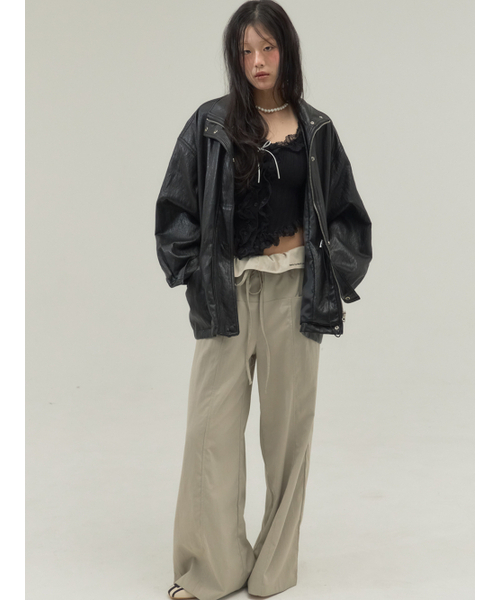 Sorry,Too Much Love(ソーリートゥーマッチラブ)の「Drawstring Waist Faux Leather Field Jacket_Black(ライダースジャケット・レディース・その他・FREE)」の2枚目の写真